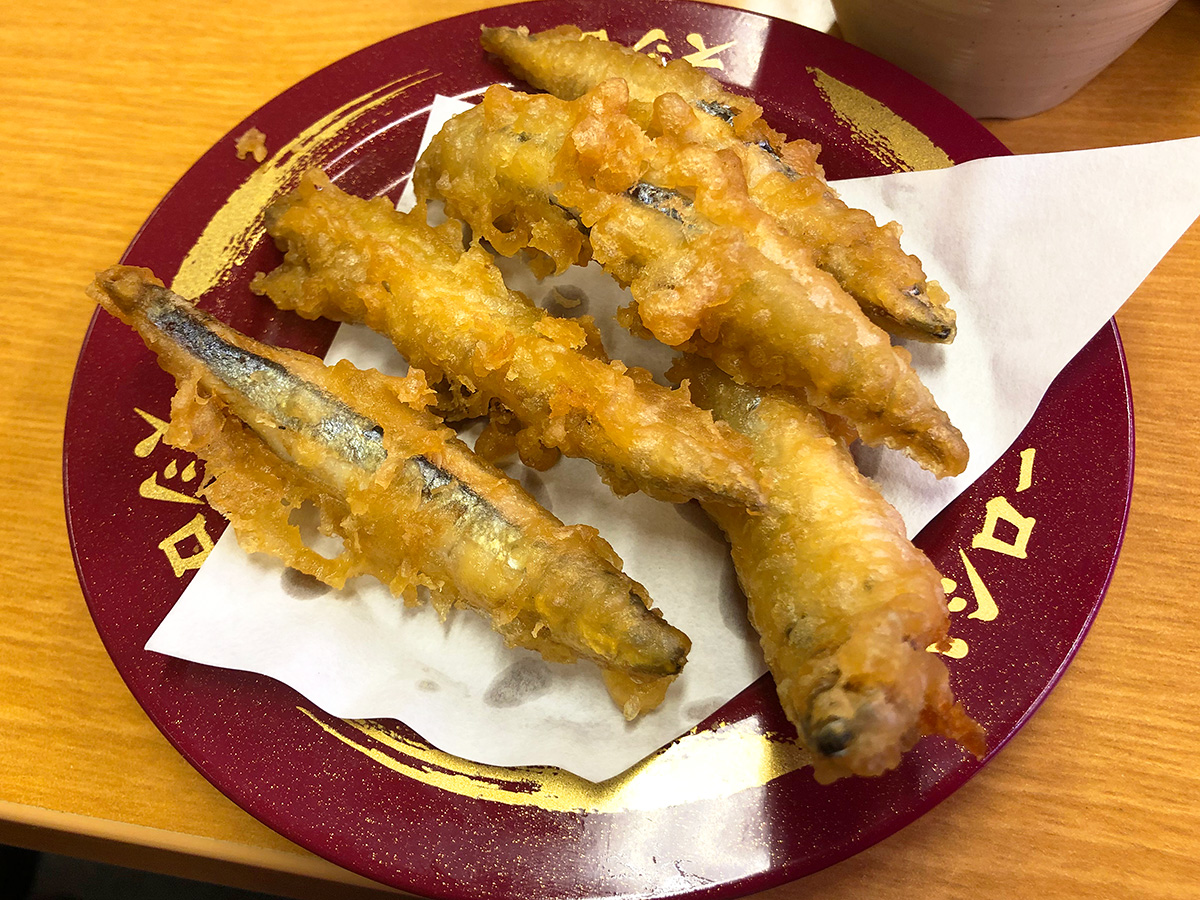 「スシロー清須古城店」の枝豆とひじきのいなりとかキビナゴの天ぷらとか @清須市西枇杷島